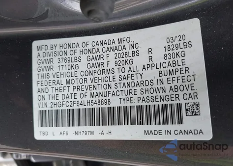 2020 Honda Civic Lx z USA, uszkodzony, nr VIN 2HGFC2F64LH548898